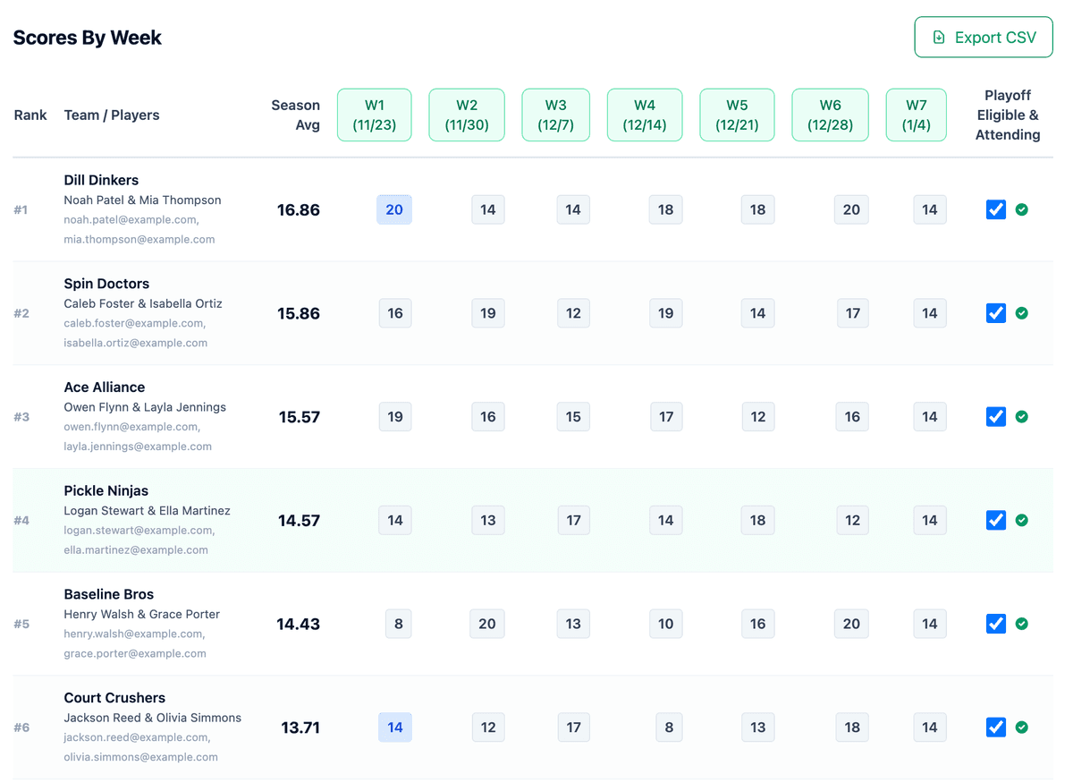 Doubles league standings